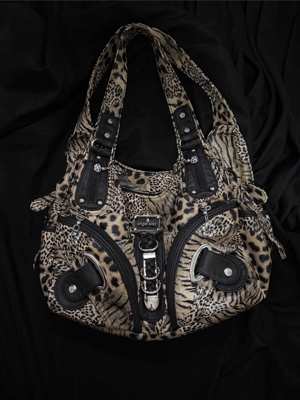 Angel Kiss Leopard-Print Shoulder Bag in Beige and Black